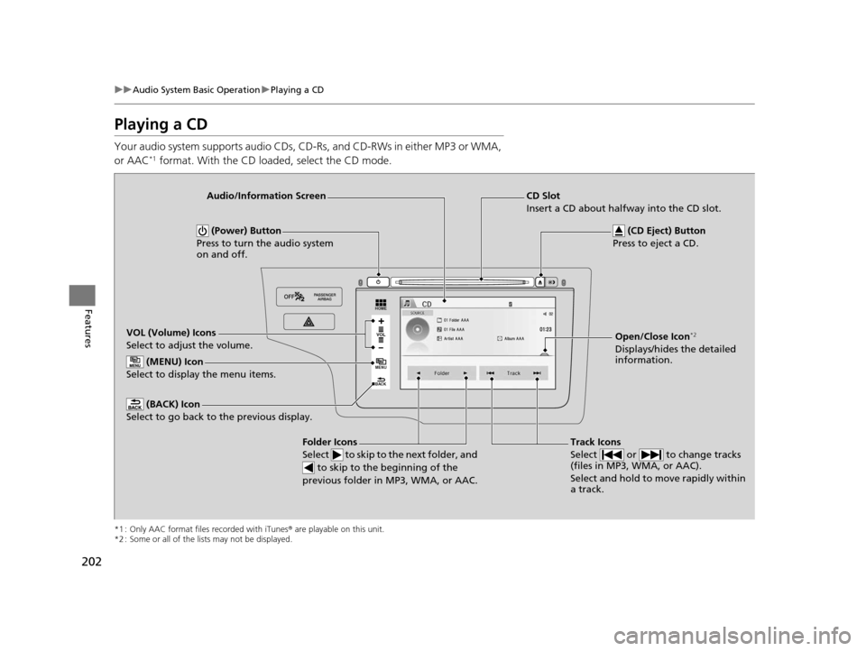 HONDA FIT 2015 3.G Owners Manual 202
uuAudio System Basic Operation uPlaying a CD
Features
Playing a CD
Your audio system supports audio CDs, CD-Rs, and CD-RWs in either MP3 or WMA, 
or AAC*1 format. With the CD loaded, select the CD