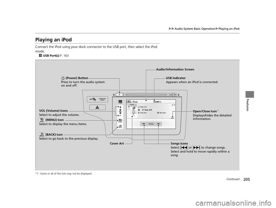 HONDA FIT 2015 3.G Owners Manual 205
uuAudio System Basic Operation uPlaying an iPod
Continued
Features
Playing an iPod
Connect the iPod using your dock connector to the USB port, then select the iPod 
mode.
2 USB Port(s)  P. 163
*1 