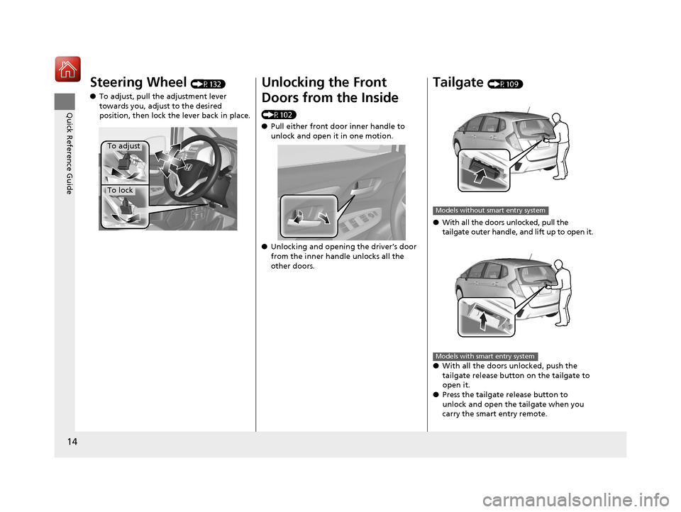 HONDA FIT 2017 3.G Owners Manual 14
Quick Reference Guide
Steering Wheel (P132)
● To adjust, pull the adjustment lever 
towards you, adjust to the desired 
position, then lock the lever back in place.
To adjust
To lock
Unlocking th