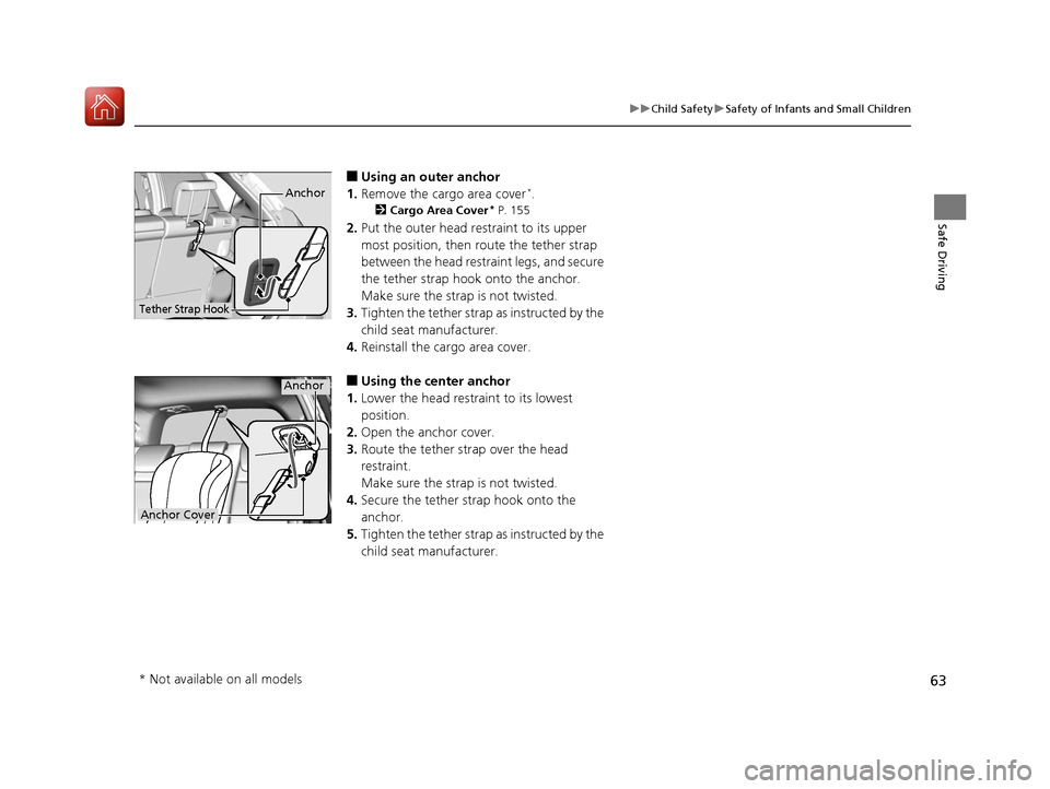 HONDA FIT 2017 3.G Owners Manual 63
uuChild Safety uSafety of Infants and Small Children
Safe Driving
■Using an outer anchor
1. Remove the cargo area cover*.
2 Cargo Area Cover* P. 155
2.Put the outer head restraint to its upper 
m
