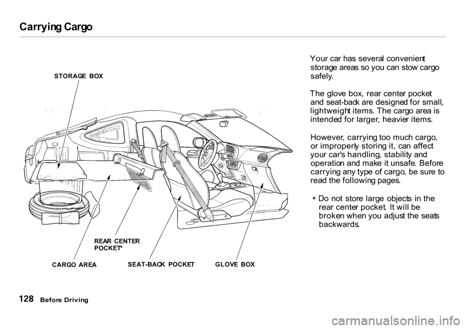 HONDA INSIGHT 2000 1.G Owners Manual Carryin
g Carg o

STORAG E  BO X
REA R  CENTE R
POCKET *
CARG O  ARE A SEAT-BAC
K  POCKE TGLOVE  BO X You
r ca r ha s  severa l  convenien t
storag e area s s o yo u ca n sto w carg o
safely .
Th e gl
