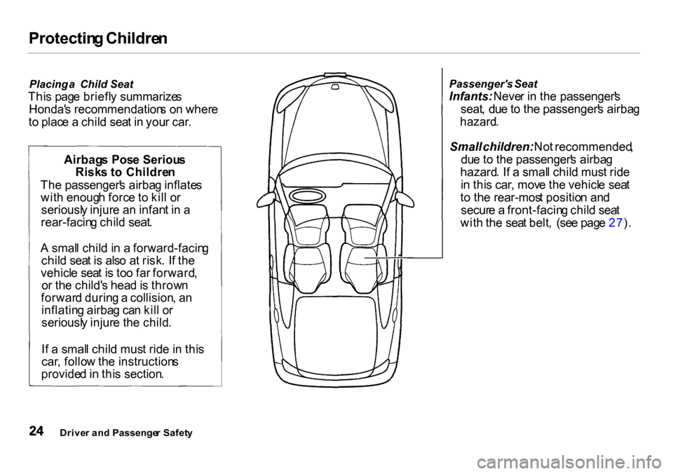 HONDA INSIGHT 2000 1.G Owners Manual Protectin
g Childre n

Placing  a  Child   Seat
Thi s pag e briefl y summarize s
Honda s recommendation s o n wher e
t o  plac e a  chil d sea t i n  you r car . Passengers
 Seat
Infants:  Never i n
