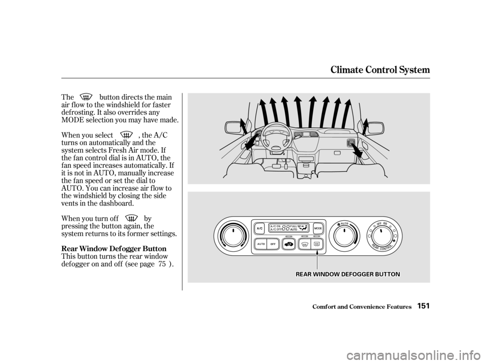 HONDA ODYSSEY 2001 RA6-RA9 / 2.G Owners Manual The button directs the main 
air f low to the windshield f or f aster
def rosting. It also overrides any
MODE selection you may have made. 
When you select , the A/C 
turns on automatically and the
sy