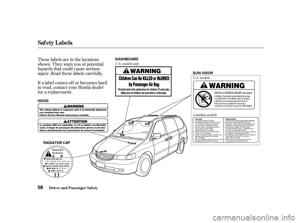 HONDA ODYSSEY 2001 RA6-RA9 / 2.G Owners Manual These labels are in the locations 
shown. They warn you of potential
hazards that could cause serious
injury. Read these labels caref ully. 
If a label comes of f or becomes hard 
to read, contact you