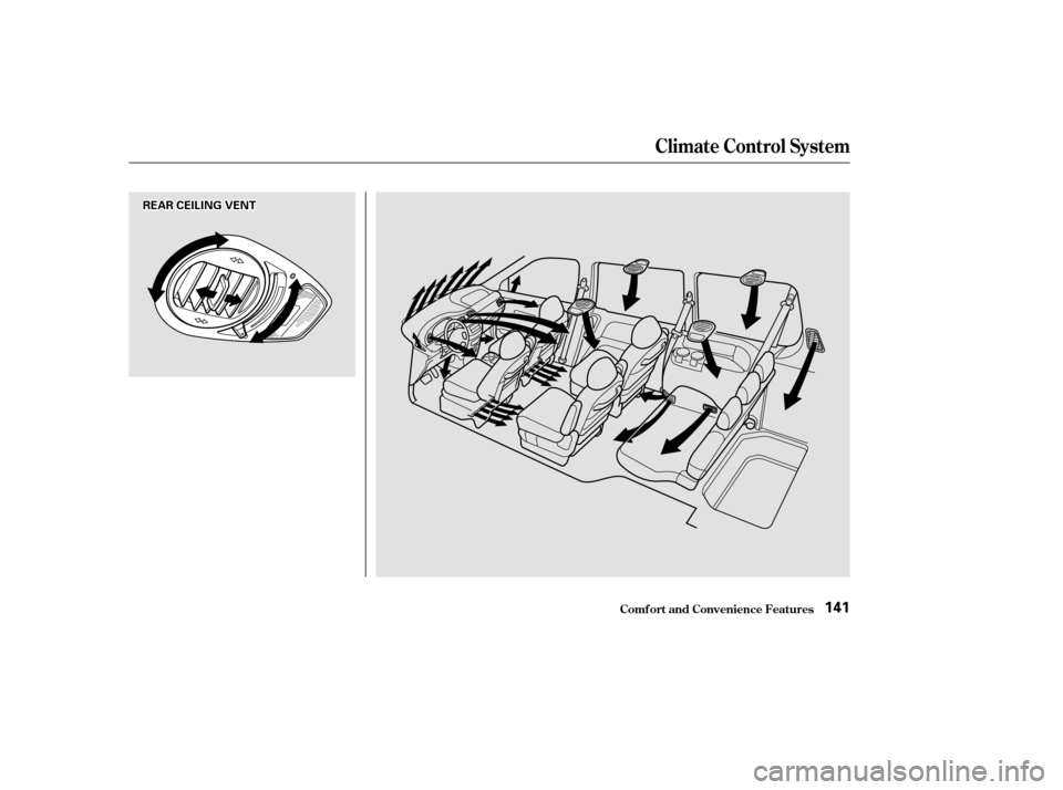 HONDA ODYSSEY 2002 RA6-RA9 / 2.G Owners Manual Climat e Cont rol Syst em
Comf ort and Convenience Feat ures141
R
REEA
A R
R C
CEEI
ILLI INNG G V
VE
EN
NT T 