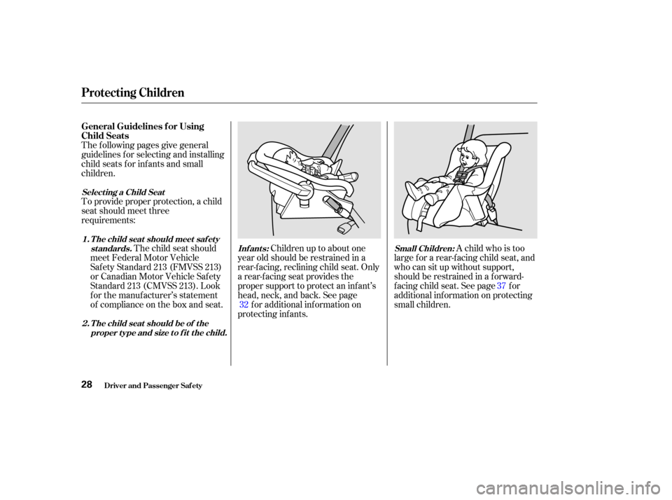HONDA ODYSSEY 2002 RA6-RA9 / 2.G Owners Manual The f ollowing pages give general
guidelines f or selecting and installing
child seats f or inf ants and small
children.
To provide proper protection, a child
seat should meet three
requirements:The c