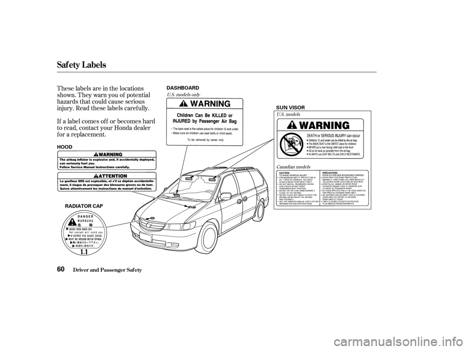 HONDA ODYSSEY 2002 RA6-RA9 / 2.G Owners Manual These labels are in the locations
shown. They warn you of potential
hazards that could cause serious
injury. Read these labels caref ully.
If a label comes of f or becomes hard
to read, contact your H