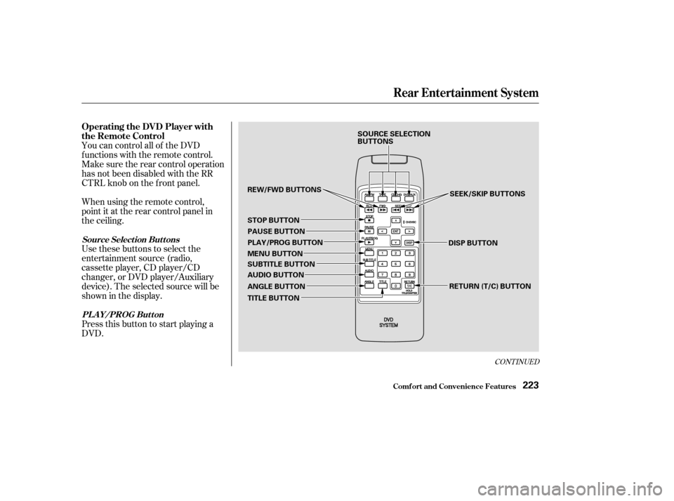 HONDA ODYSSEY 2003 RB1-RB2 / 3.G Owners Manual CONT INUED
You can control all of the DVD
functions with the remote control.
Make sure the rear control operation
has not been disabled with the RR
CTRL knob on the f ront panel.
When using the remote