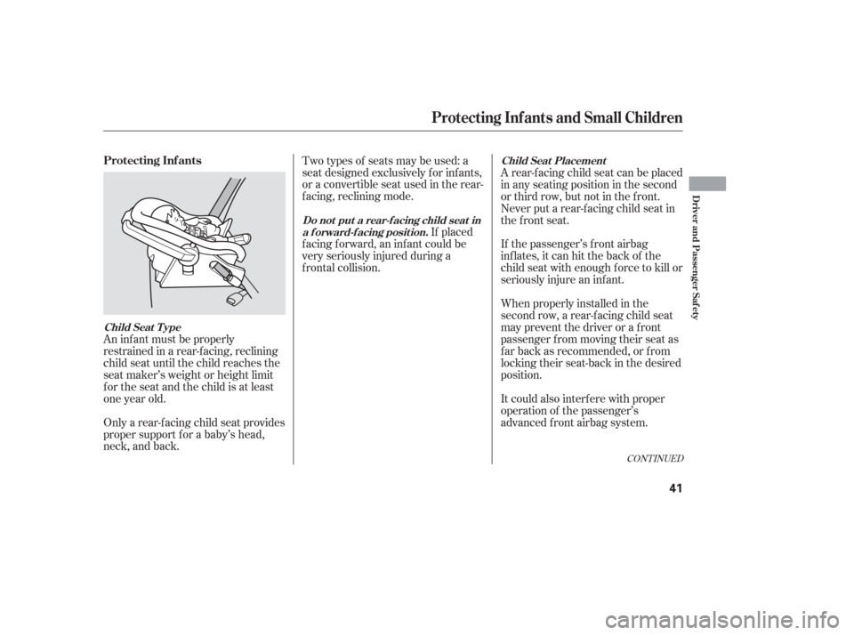 HONDA ODYSSEY 2006 RB1-RB2 / 3.G Owners Manual An inf ant must be properly
restrained in a rear-f acing, reclining
child seat until the child reaches the
seat maker’s weight or height limit
for the seat and the child is at least
one year old.
On