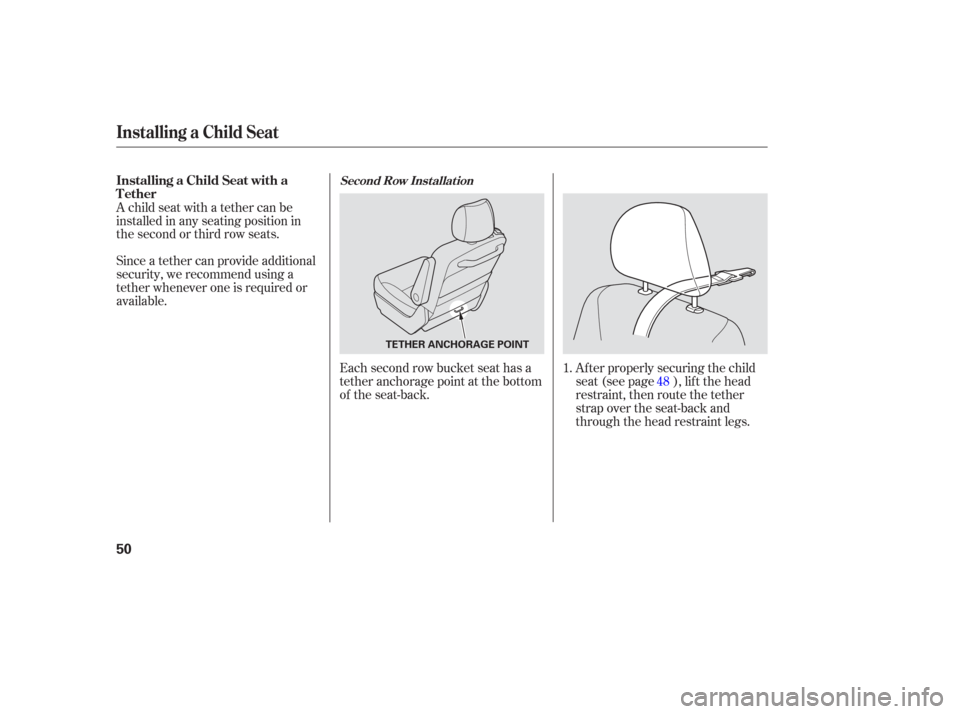 HONDA ODYSSEY 2006 RB1-RB2 / 3.G Owners Manual Each second row bucket seat has a
tether anchorage point at the bottom
of the seat-back.Af ter properly securing the child
seat (see page ), lif t the head
restraint, then route the tether
strap over 