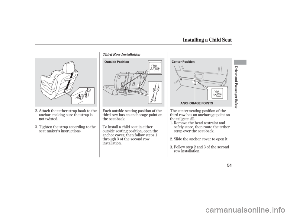 HONDA ODYSSEY 2006 RB1-RB2 / 3.G Owners Manual Attach the tether strap hook to the
anchor, making sure the strap is
not twisted.
Tighten the strap according to the
seat maker’s instructions.Remove the head restraint and
safely store, then route 