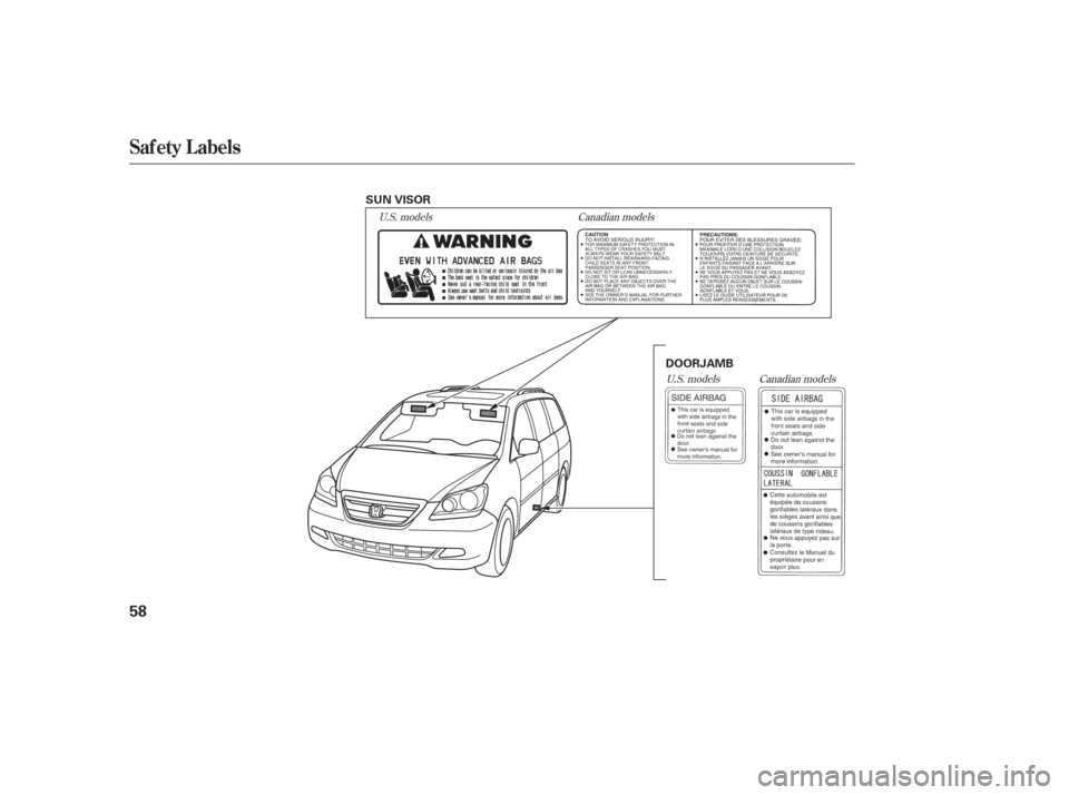 HONDA ODYSSEY 2006 RB1-RB2 / 3.G Owners Manual U.S. modelsCanadian models
Canadian models
U.S. models
Saf ety L abels
58
SUN VISOR
DOORJAMB 