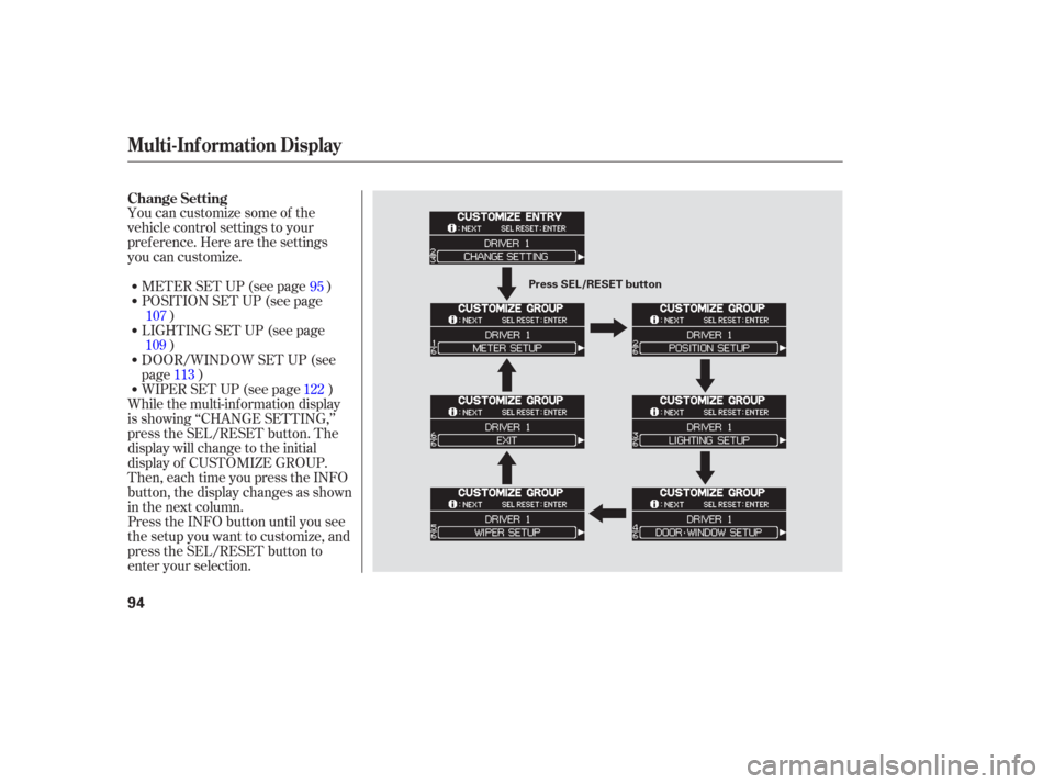 HONDA ODYSSEY 2006 RB1-RB2 / 3.G Owners Manual You can customize some of the
vehicle control settings to your
pref erence. Here are the settings
you can customize.METER SET UP (see page )
POSITION SET UP (see page )
WIPER SET UP (see page ) DOOR/W