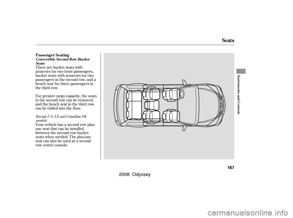 HONDA ODYSSEY 2008 RB1-RB2 / 3.G Owners Manual There are bucket seats with
armrests for two front passengers,
bucket seats with armrests for two
passengers in the second row, and a
bench seat f or three passengers in
the third row.
For greater car