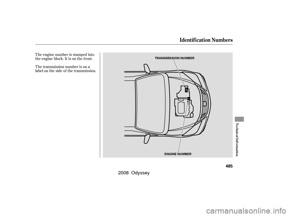 HONDA ODYSSEY 2008 RB1-RB2 / 3.G Owners Manual The engine number is stamped into
the engine block. It is on the f ront.
The transmission number is on a
label on the side of the transmission.
Identif ication Numbers
Technical Inf ormation
485
TRANS