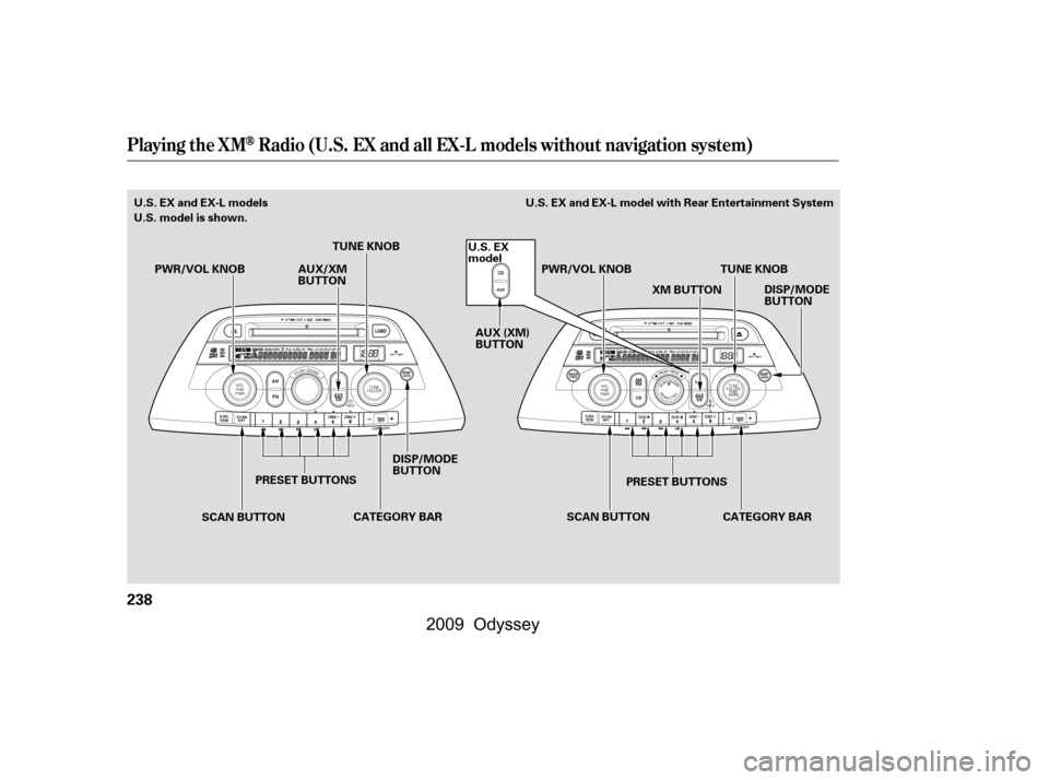 HONDA ODYSSEY 2009 RB3-RB4 / 4.G Owners Manual Playing the XMRadio (U.S. EX and all EX-L models without navigation system)
238
PRESET BUTTONS
PRESET BUTTONS TUNE KNOB
PWR/VOL KNOB
TUNE KNOB
U.S. EX and EX-L models
U.S. model is shown.
CATEGORY BAR
