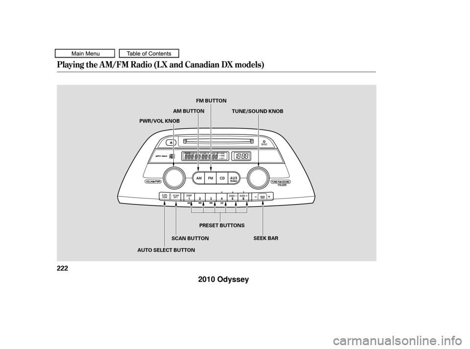 HONDA ODYSSEY 2010 RB3-RB4 / 4.G Owners Manual Playing the AM/FM Radio (LX and Canadian DX models)
222
SEEK BAR
AUTO SELECT BUTTON PRESET BUTTONS
PWR/VOL KNOB
SCAN BUTTONFM BUTTON
AM BUTTON TUNE/SOUND KNOB
——
y
y