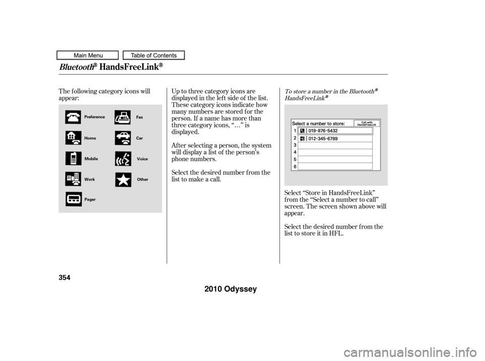 HONDA ODYSSEY 2010 RB3-RB4 / 4.G Owners Manual Select the desired number f rom the
list to store it in HFL.
The f ollowing category icons will
appear:
Select ‘‘Store in HandsFreeLink’’
f rom the ‘‘Select a number to call’’
screen. 