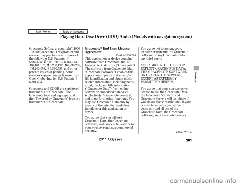 HONDA ODYSSEY 2011 RB3-RB4 / 4.G Owners Manual µ



 You agree not to assign, copy,
transfer or transmit the Gracenote
Software or any Gracenote Data to
any third party.
YOU AGREE NOT TO USE OR
EXPLOIT GRACENOTE DATA,
THE GRACE