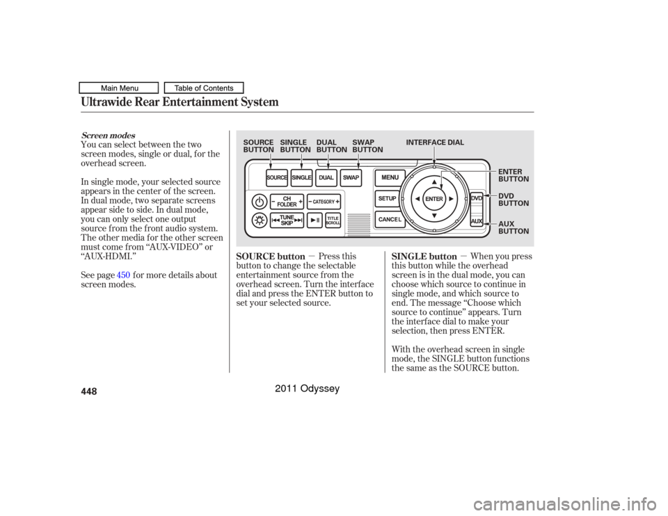 HONDA ODYSSEY 2011 RB3-RB4 / 4.G Owners Manual µµ
You can select between the two
screen modes, single or dual, f or the
overhead screen.
In single mode, your selected source
appears in the center of the screen.
In dual mode, two separate scree
