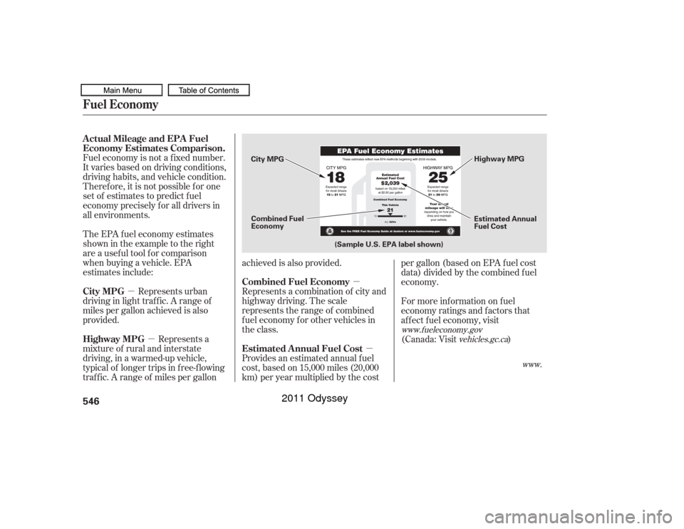 HONDA ODYSSEY 2011 RB3-RB4 / 4.G Owners Manual µµ
µ µ
Fuel economy is not a f ixed number.
It varies based on driving conditions,
driving habits, and vehicle condition.
Theref ore, it is not possible f or one
set of estimates to predict fu