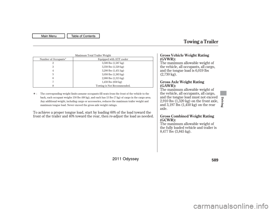 HONDA ODYSSEY 2011 RB3-RB4 / 4.G Owners Manual Î
Î
The maximum allowable weight of
the vehicle, all occupants, all cargo,
and the tongue load must not exceed
2,910 lbs (1,320 kg) on the f ront axle,
and 3,197 lbs (1,450 kg) on the rear
axle. T