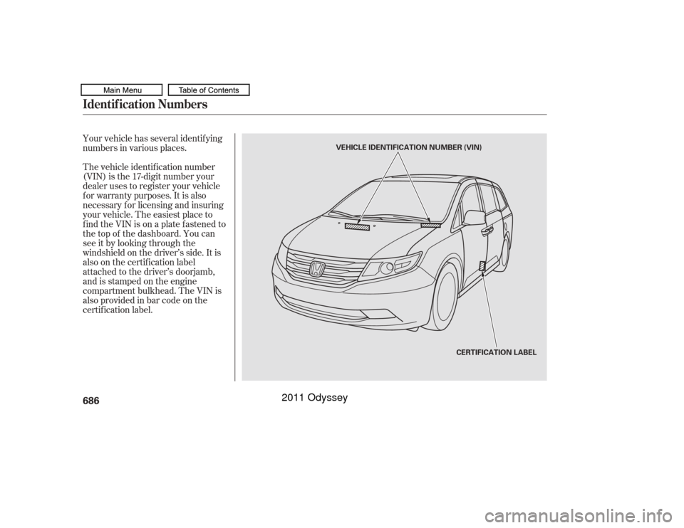 HONDA ODYSSEY 2011 RB3-RB4 / 4.G Owners Manual Your vehicle has several identif ying
numbers in various places.
The vehicle identif ication number
(VIN) is the 17-digit number your
dealer uses to register your vehicle
f or warranty purposes. It is