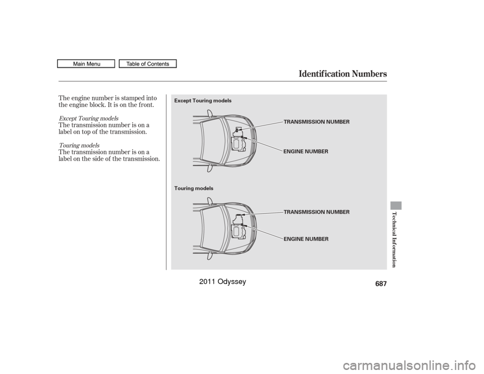 HONDA ODYSSEY 2011 RB3-RB4 / 4.G Owners Manual The engine number is stamped into
the engine block. It is on the f ront.
The transmission number is on a
label on the side of the transmission. The transmission number is on a
label on top of the tran