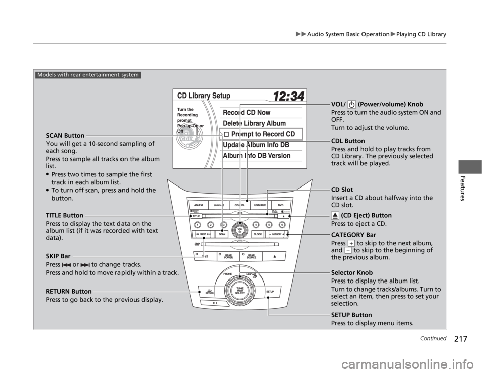 HONDA ODYSSEY 2012 RB3-RB4 / 4.G Owners Manual 217
uuAudio System Basic OperationuPlaying CD Library
Continued
Features
SCAN Button
You will get a 10-second sampling of 
each song.
Press to sample all tracks on the album 
list.●Press two times t