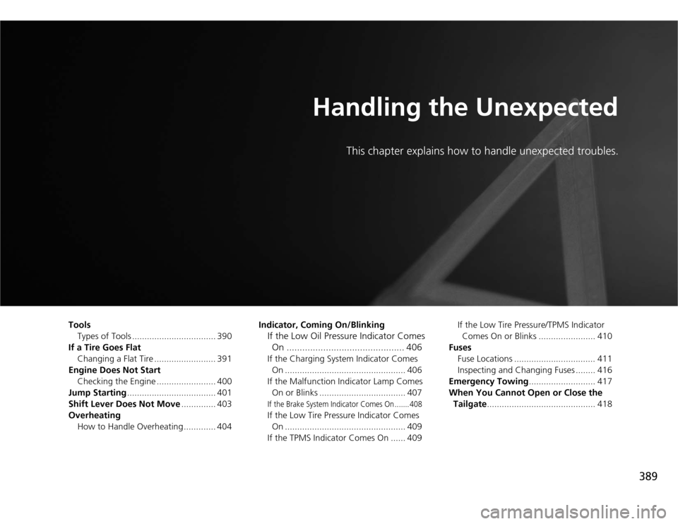 HONDA ODYSSEY 2012 RB3-RB4 / 4.G Owners Manual 389
Handling the Unexpected
This chapter explains how to handle unexpected troubles.
Tools
Types of Tools .................................. 390
If a Tire Goes Flat
Changing a Flat Tire .............. HONDA ODYSSEY 2012 RB3-RB4 / 4.G Owners Manual 389
Handling the Unexpected
This chapter explains how to handle unexpected troubles.
Tools
Types of Tools .................................. 390
If a Tire Goes Flat
Changing a Flat Tire ..............
