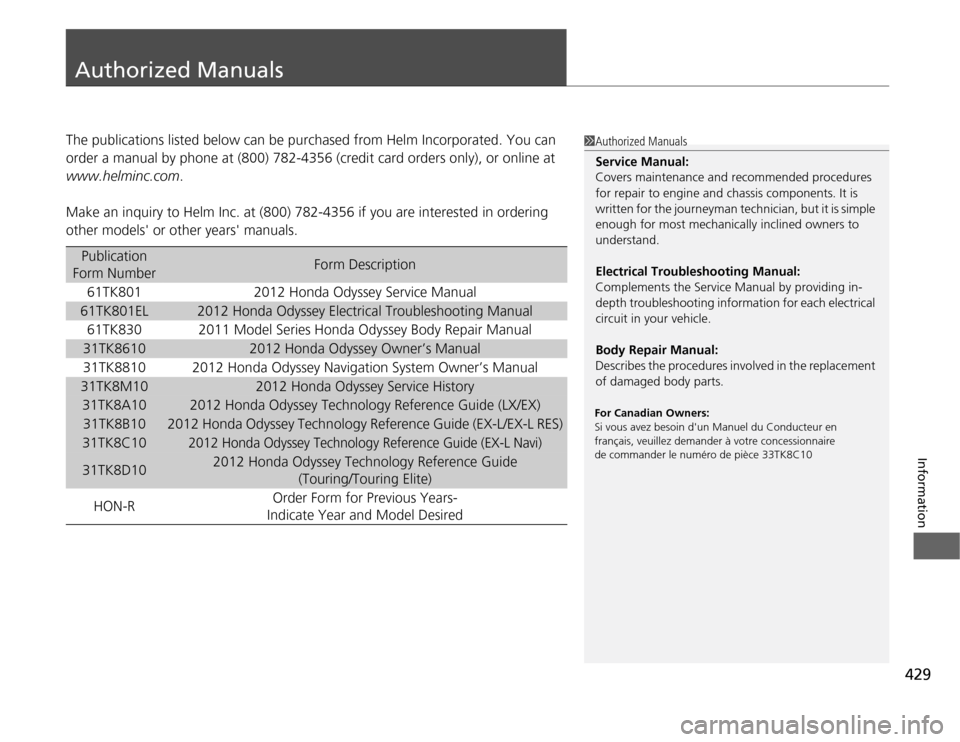 HONDA ODYSSEY 2012 RB3-RB4 / 4.G Owners Manual 429
Information
Authorized ManualsThe publications listed below can be purchased from Helm Incorporated. You can 
order a manual by phone at (800) 782-4356 (credit card orders only), or online at 
www
