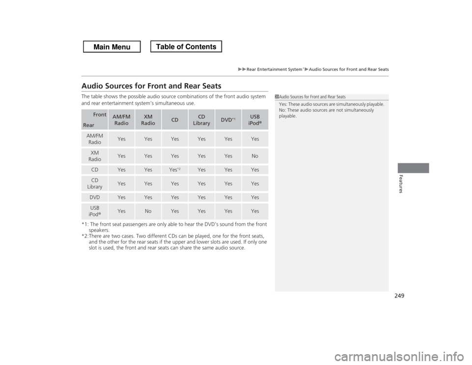 HONDA ODYSSEY 2013 RC1-RC2 / 5.G Owners Manual 249
uuRear Entertainment System
*uAudio Sources for Front and Rear Seats
Features
Audio Sources for Front and Rear SeatsThe table shows the possible audio source combinations of the front audio system