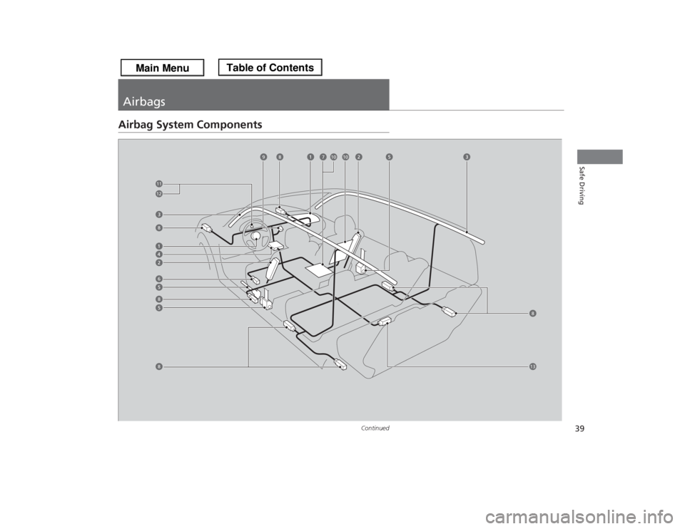 HONDA ODYSSEY 2013 RC1-RC2 / 5.G Owners Manual 39
Continued
Safe Driving
AirbagsAirbag System Components
13
6
7
8
9
10
1112
10
888
8 
