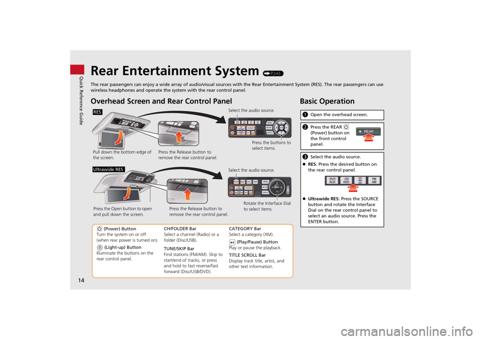 HONDA ODYSSEY 2014 RC1-RC2 / 5.G Navigation Manual 14Quick Reference Guide
Rear Entertainment System
(P245)
The rear passengers can enjoy a wide array of audio/visual sources with the Rear Entertainment System (RES). The rear passengers can use
wire HONDA ODYSSEY 2014 RC1-RC2 / 5.G Navigation Manual 14Quick Reference Guide
Rear Entertainment System
(P245)
The rear passengers can enjoy a wide array of audio/visual sources with the Rear Entertainment System (RES). The rear passengers can use
wire