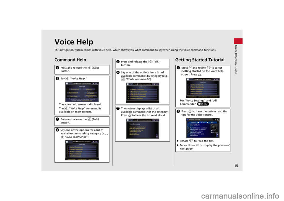 HONDA ODYSSEY 2014 RC1-RC2 / 5.G Navigation Manual 15Quick Reference Guide
Voice HelpThis navigation system comes with voice help, which shows you what command to say when using the voice command functions.Command HelpaPress and release the d (Talk) 
