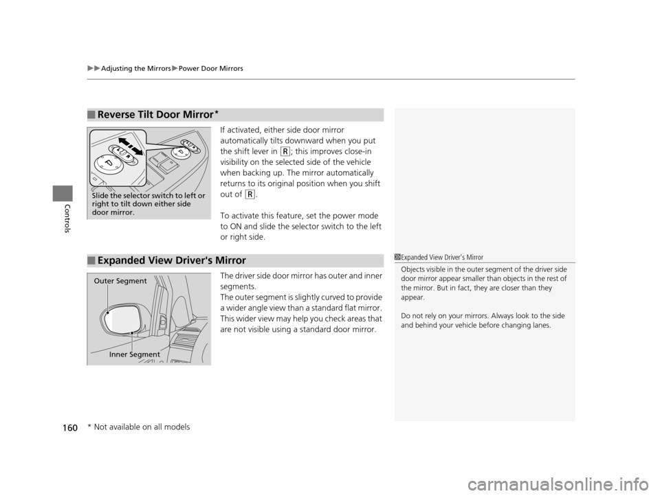 HONDA ODYSSEY 2016 RC1-RC2 / 5.G Owners Manual uuAdjusting the Mirrors uPower Door Mirrors
160
Controls
If activated, either side door mirror 
automatically tilts do wnward when you put 
the shift lever in 
(R; this improves close-in 
visibility o