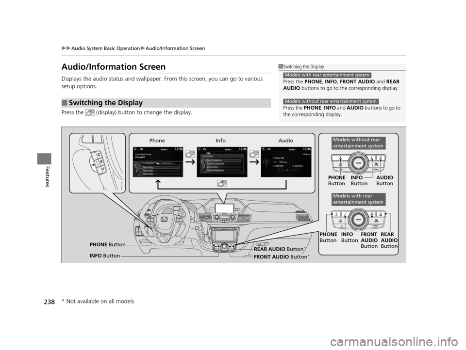 HONDA ODYSSEY 2016 RC1-RC2 / 5.G Owners Manual 238
uuAudio System Basic Operation uAudio/Information Screen
Features
Audio/Information Screen
Displays the audio status and wallpaper.  From this screen, you can go to various 
setup options.
Press t