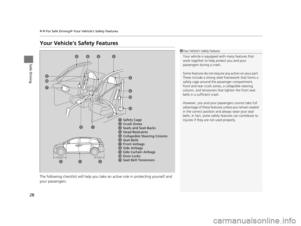 HONDA ODYSSEY 2017 RC1-RC2 / 5.G Owners Manual 28
uuFor Safe Driving uYour Vehicles Safety Features
Safe Driving
Your Vehicles Safety Features
The following checklist will help you take an active role in protecting yourself and
your passengers HONDA ODYSSEY 2017 RC1-RC2 / 5.G Owners Manual 28
uuFor Safe Driving uYour Vehicles Safety Features
Safe Driving
Your Vehicles Safety Features
The following checklist will help you take an active role in protecting yourself and
your passengers