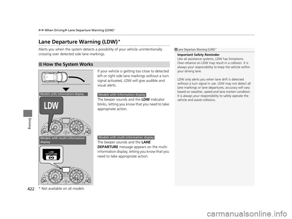 HONDA ODYSSEY 2017 RC1-RC2 / 5.G Owners Manual 422
uuWhen Driving uLane Departure Warning (LDW)*
Driving
Lane Departure Warning (LDW)*
Alerts you when the system  detects a possibility of your vehicle unintentionally 
crossing over detected side l
