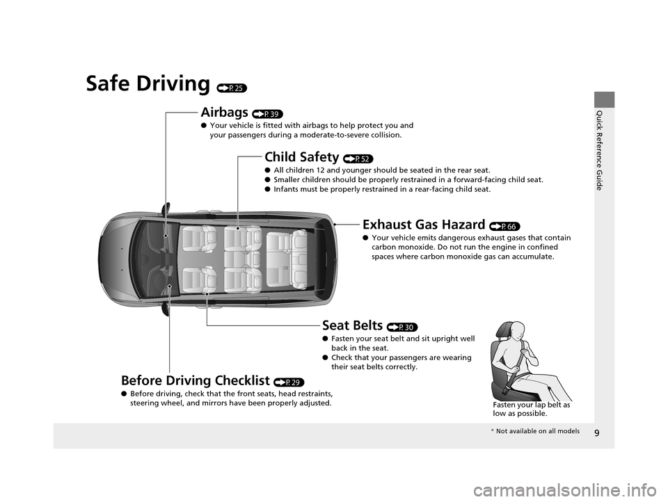HONDA ODYSSEY 2017 RC1-RC2 / 5.G Owners Manual 9
Quick Reference Guide
Safe Driving (P25)
Airbags (P39)
● Your vehicle is fitted with ai rbags to help protect you and
your passengers during a moderate-to-severe collision.
Child Safety (P52)
● HONDA ODYSSEY 2017 RC1-RC2 / 5.G Owners Manual 9
Quick Reference Guide
Safe Driving (P25)
Airbags (P39)
● Your vehicle is fitted with ai rbags to help protect you and
your passengers during a moderate-to-severe collision.
Child Safety (P52)
●