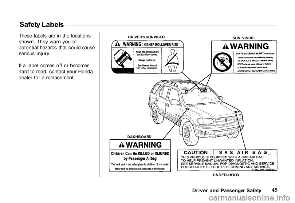 HONDA PASSPORT 2000 2.G Owners Manual 
Safet
y Label s
These labels are in the locations shown. They warn you of
potential hazards that could cause serious injury.
If a label comes off or becomes
hard to read, contact your Honda dealer fo