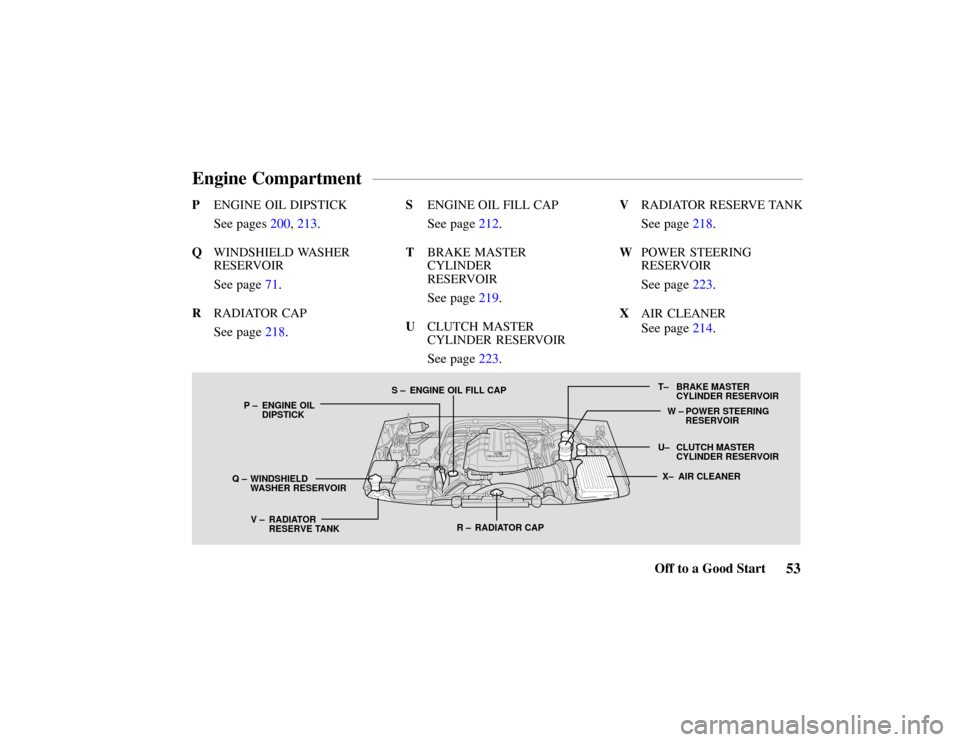 HONDA PASSPORT 2002 2.G Owners Manual S –  ENGINE  OIL FILL CAP
Q  – WINDSHIELD
WASHER RESERVOIR
R – RADIATOR CAP T– 
BRAKE MASTER 
CYLINDER RESERVOIR
V  –  RADIATOR
RESERVE TANK W 
– POWER STEERING 
RESERVOIR
X–  AIR CLEANE