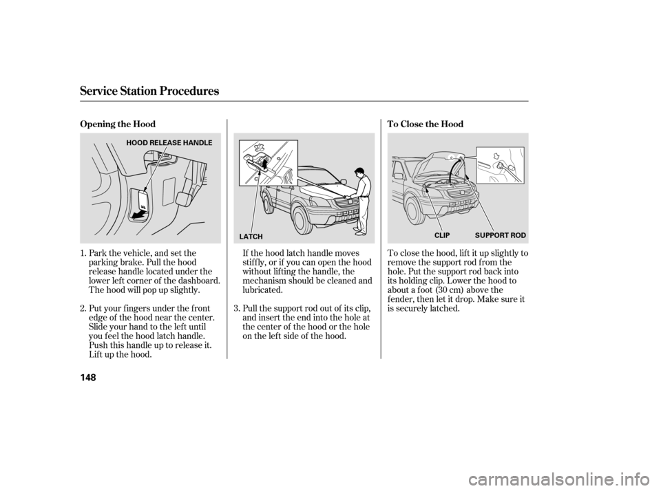 HONDA PILOT 2005 1.G Owners Manual Park the vehicle, and set the
parking brake. Pull the hood
release handle located under the
lower lef t corner of the dashboard.
The hood will pop up slightly.If the hood latch handle moves
stif f ly, HONDA PILOT 2005 1.G Owners Manual Park the vehicle, and set the
parking brake. Pull the hood
release handle located under the
lower lef t corner of the dashboard.
The hood will pop up slightly.If the hood latch handle moves
stif f ly,