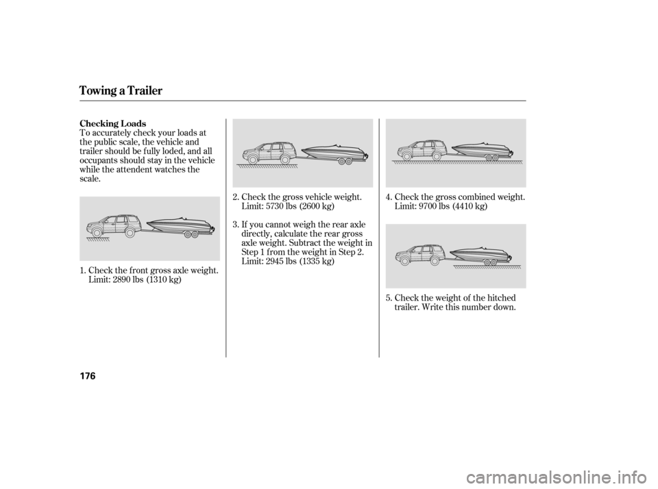 HONDA PILOT 2005 1.G Owners Manual To accurately check your loads at
the public scale, the vehicle and
trailer should be f ully loded, and all
occupants should stay in the vehicle
while the attendent watches the
scale.Check the f ront 