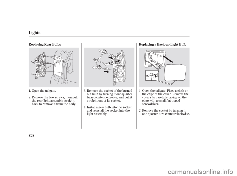 HONDA PILOT 2006 1.G Owners Manual Open the tailgate.
Remove the two screws, then pull
the rear light assembly straight
back to remove it from the body.Open the tailgate. Place a cloth on
the edge of the cover. Remove the
covers by car