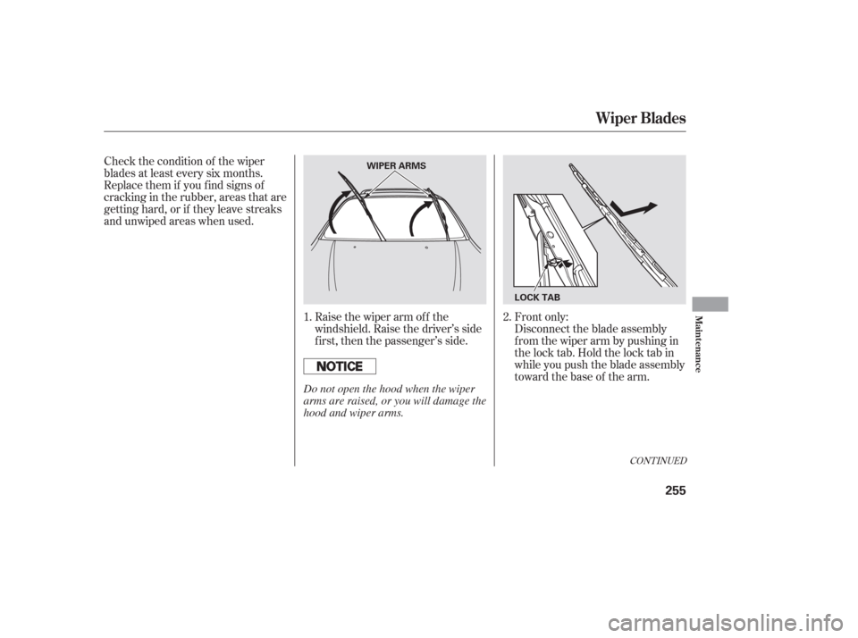 HONDA PILOT 2006 1.G Owners Manual Raise the wiper arm of f the
windshield. Raise the driver’s side
first, then the passenger’s side.
Check the condition of the wiper
blades at least every six months.
Replace them if you f ind sign
