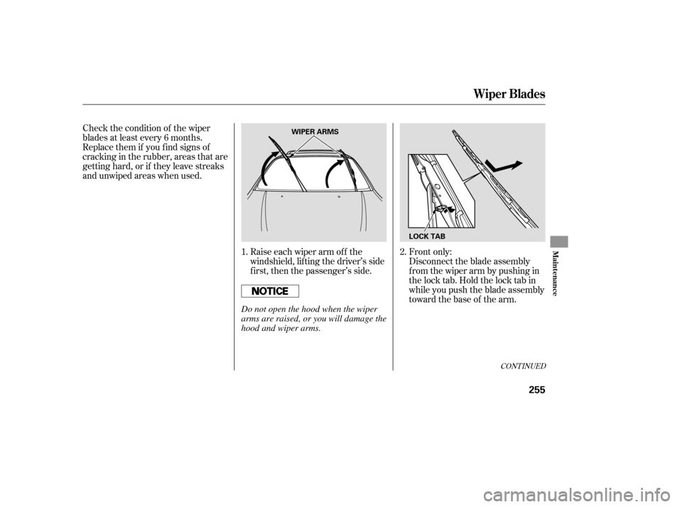 HONDA PILOT 2007 1.G Owners Manual Disconnect the blade assembly
fromthewiperarmbypushingin
the lock tab. Hold the lock tab in
while you push the blade assembly
toward the base of the arm.
Check the condition of the wiper
blades at lea