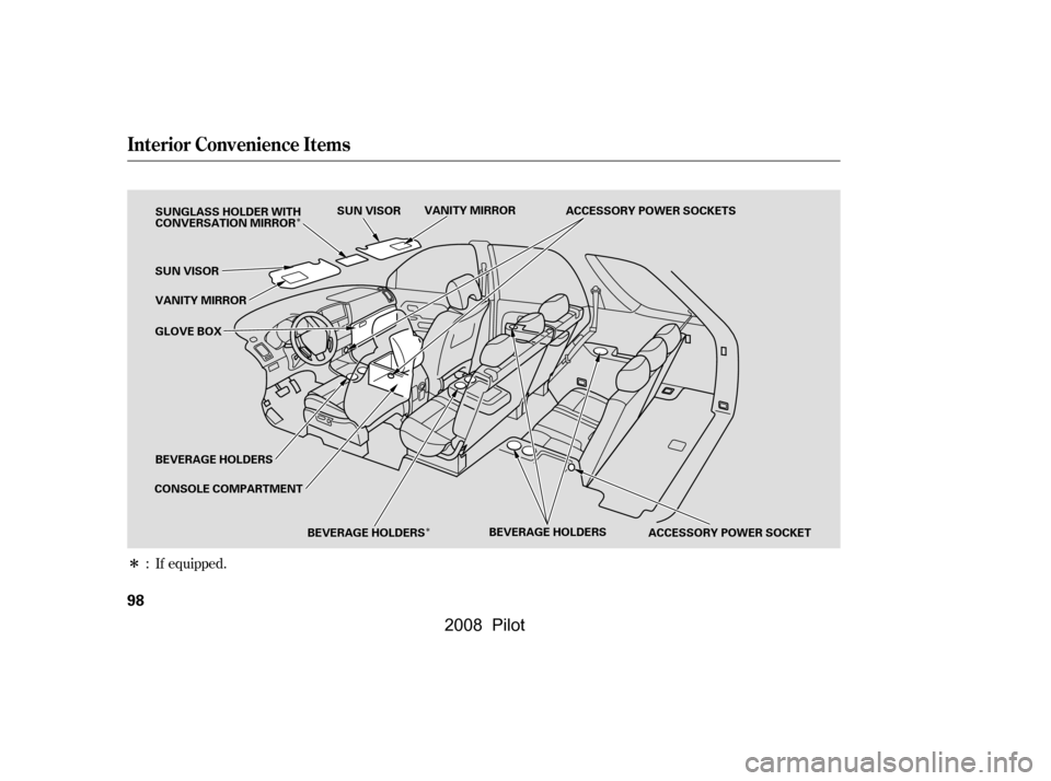 HONDA PILOT 2008 1.G Owners Manual Î
Î
Î
If equipped.
:
Interior Convenience Items
98
BEVERAGE HOLDERS
BEVERAGE HOLDERS
GLOVE BOX
ACCESSORY POWER SOCKETS
VANITY MIRROR VANITY MIRROR
SUN VISOR
BEVERAGE HOLDERS ACCESSORY POWER SOCK