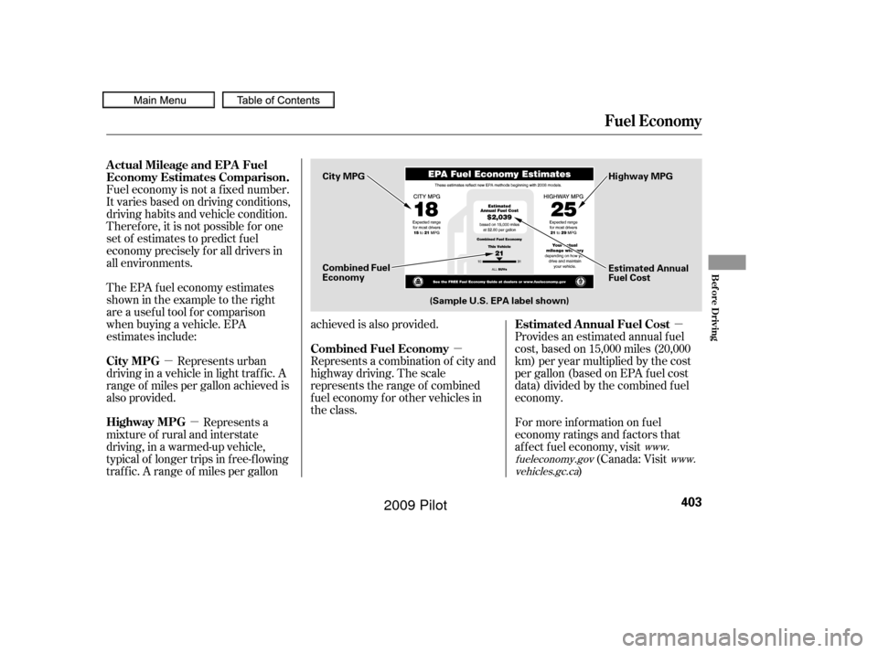 HONDA PILOT 2009 2.G Owners Manual µ
µ µ
µ
Fuel economy is not a f ixed number.
It varies based on driving conditions,
driving habits and vehicle condition.
Theref ore, it is not possible f or one
set of estimates to predict f HONDA PILOT 2009 2.G Owners Manual µ
µ µ
µ
Fuel economy is not a f ixed number.
It varies based on driving conditions,
driving habits and vehicle condition.
Theref ore, it is not possible f or one
set of estimates to predict f