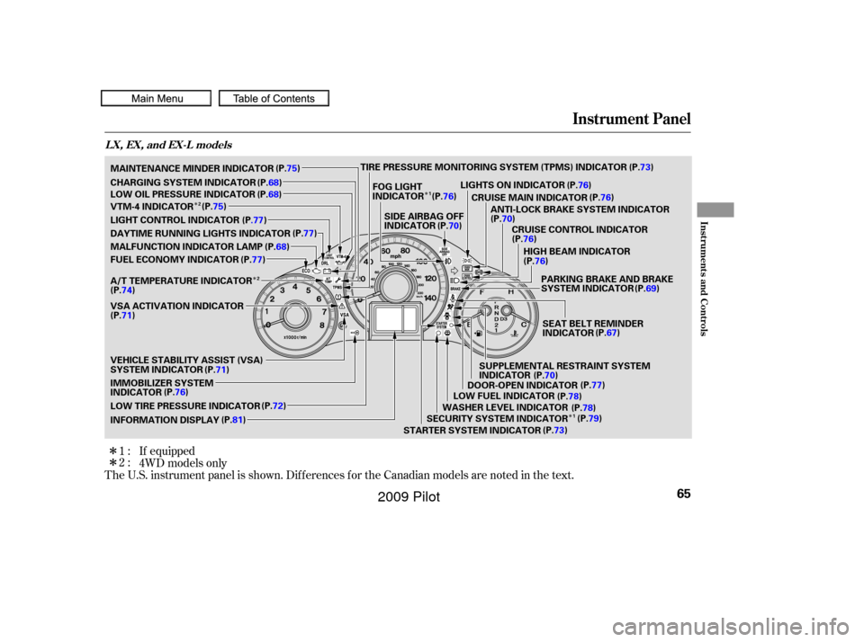 HONDA PILOT 2009 2.G Owners Manual Î
Î
Î
Î
Î
Î
The U.S. instrument panel is shown. Dif f erences f or the Canadian models are noted in the text. 4WD models only If equipped
1:
2:
Instrument Panel
LX, EX, and EX-L models
Ins HONDA PILOT 2009 2.G Owners Manual Î
Î
Î
Î
Î
Î
The U.S. instrument panel is shown. Dif f erences f or the Canadian models are noted in the text. 4WD models only If equipped
1:
2:
Instrument Panel
LX, EX, and EX-L models
Ins